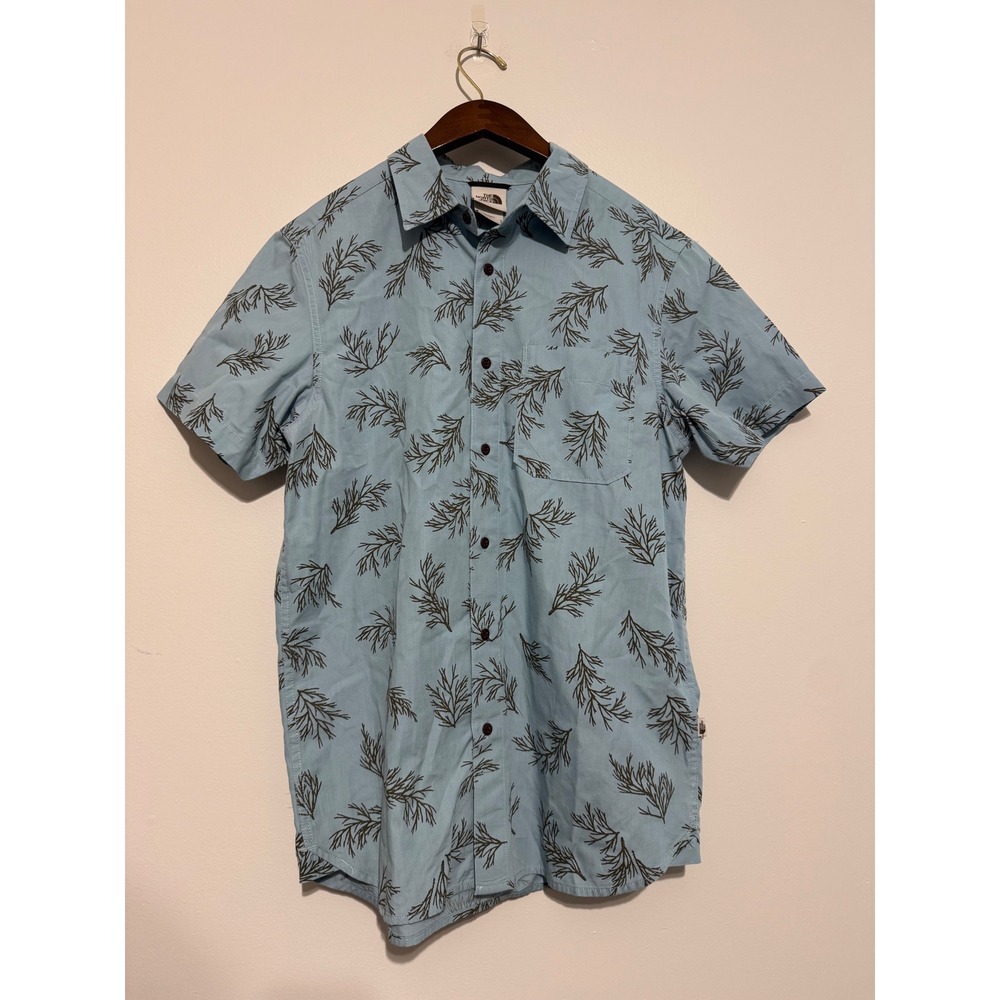 The North Face Mens Medium Blue Botanical Branch Print Short Sleeve Button Shirt